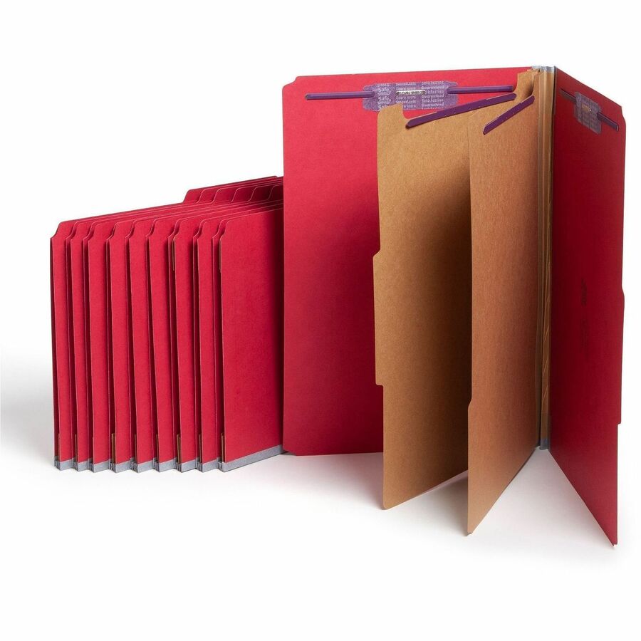 Smead SafeSHIELD 2/5 Tab Cut Legal Classification Folder - 8 1/2" x 14" - 2" Expansion - 2 x 2S Fastener - 2" for Folder - Top Tab Location - Right of Center Tab Position - 2 Divider - 25 pt. - Pressboard - Bright Red - Heavy Duty, Tear Resistant - 100...