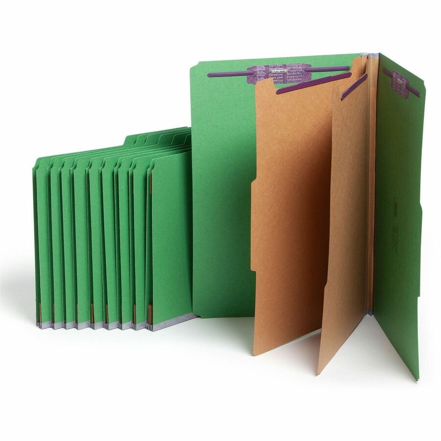 Smead SafeSHIELD 2/5 Tab Cut Legal Classification Folder - 8 1/2" x 14" - 2" Expansion - 2 x 2S Fastener - 2" for Folder - Top Tab Location - Right of Center Tab Position - 2 Divider - 25 pt. - Pressboard - Green - Tear Resistant - 50% Recycled - 10 / Box