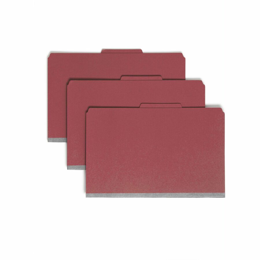 Smead SafeSHIELD 2/5 Tab Cut Legal Recycled Classification Folder - 8 1/2" x 14" - 3" Expansion - 2 x 2S Fastener - 2" for Folder - Top Tab Location - Right of Center Tab Position - 3 Divider - 25 pt. - Pressboard - Bright Red - Heavy Duty, Tear Resist...