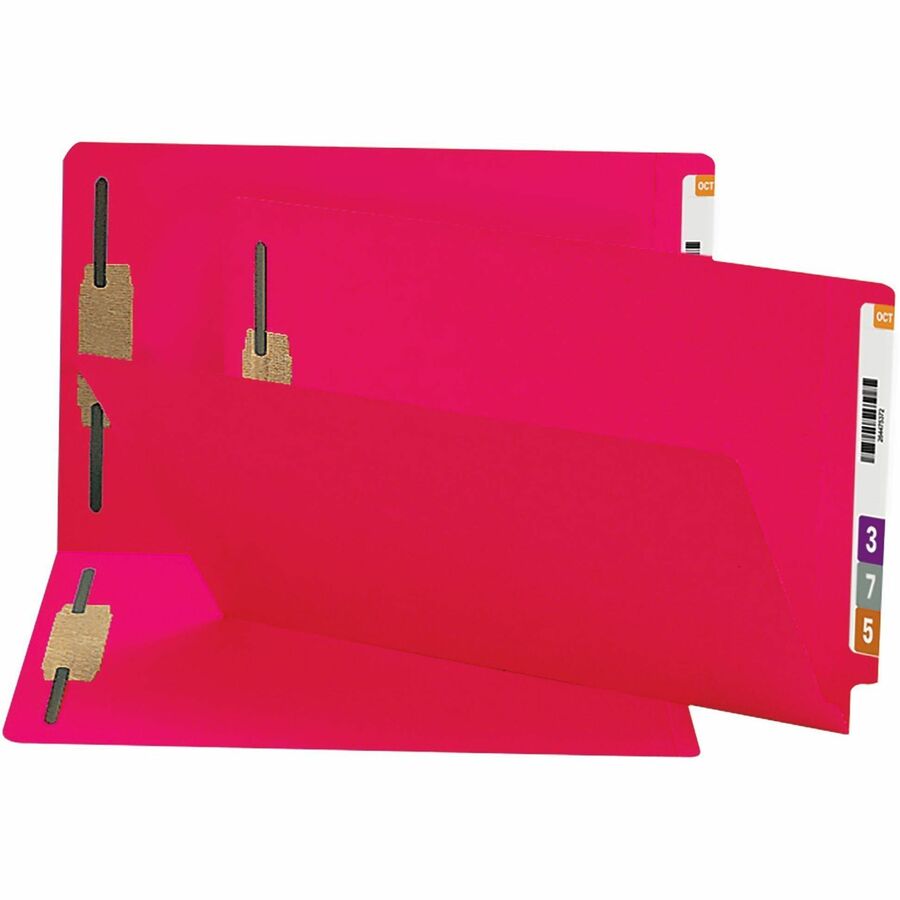 Smead Colored Straight Tab Cut Legal Fastener Folder - 8 1/2" x 14" - 3/4" Expansion - 2 x 2B Fastener - 2" for Folder - End Tab Location - 11 pt. - 2 Plys - Red - Heavyweight - 10% Recycled - 50 / Box