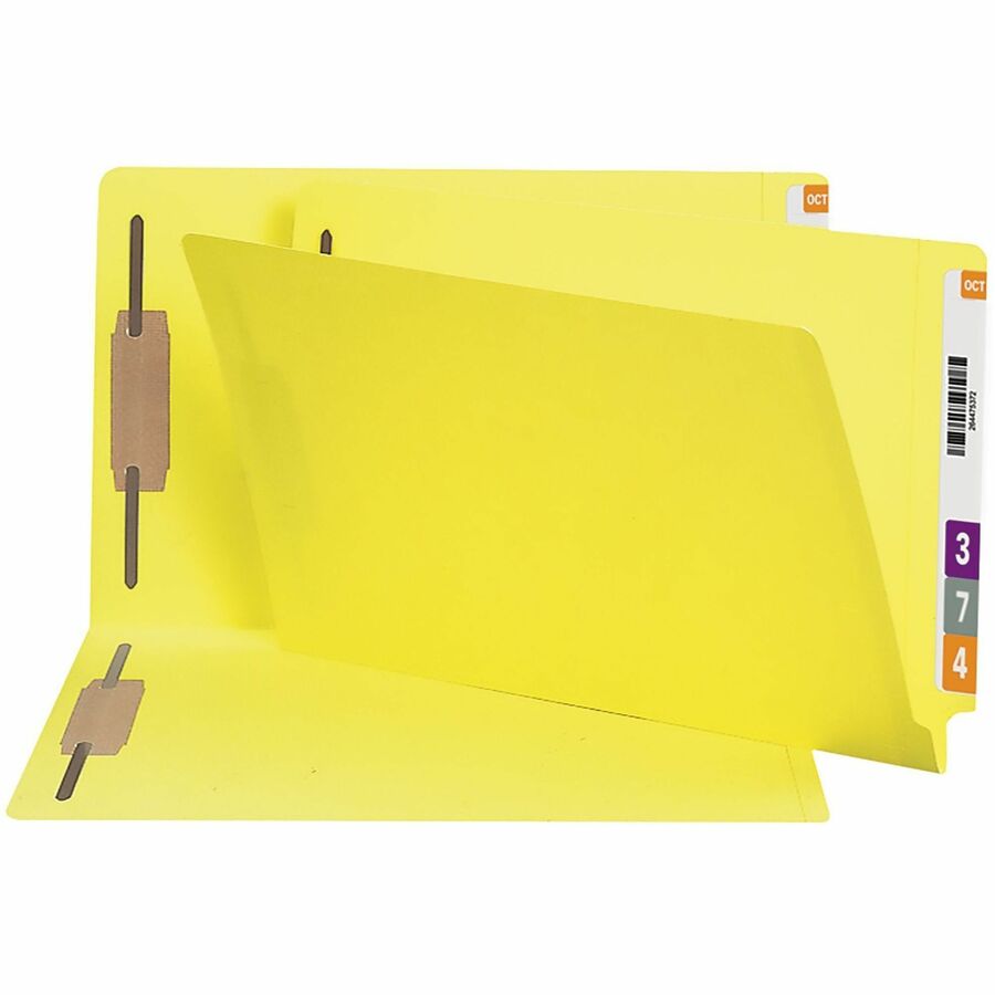 Smead Shelf-Master Straight Tab Cut Legal Fastener Folder - 8 1/2" x 14" - 3/4" Expansion - 2 x 2B Fastener - 2" for Folder - 11 pt. - 2 Plys - Yellow - 10% Recycled - 50 / Box