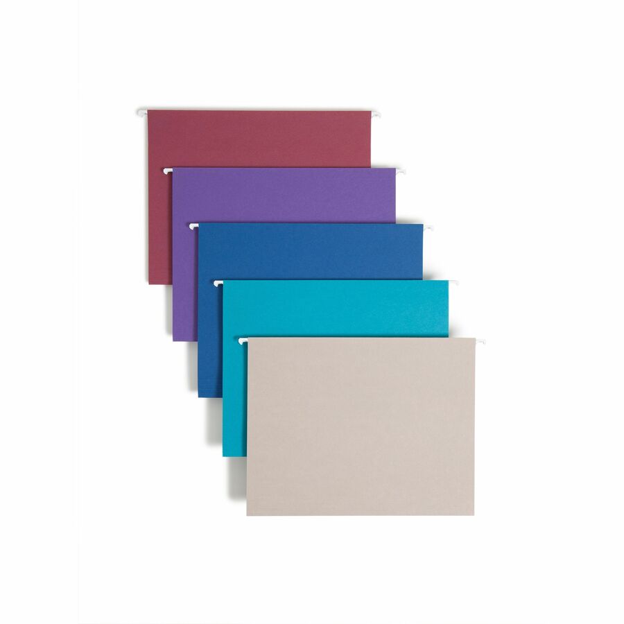 Smead Colored 1/5 Tab Cut Letter Hanging Folder - 8 1/2" x 11" - Top Tab Location - Assorted Tab Position - 11 pt. - Vinyl - Gray, Maroon, Navy, Purple, Teal - Repositionable Tab - 10% Recycled - 25 / Box