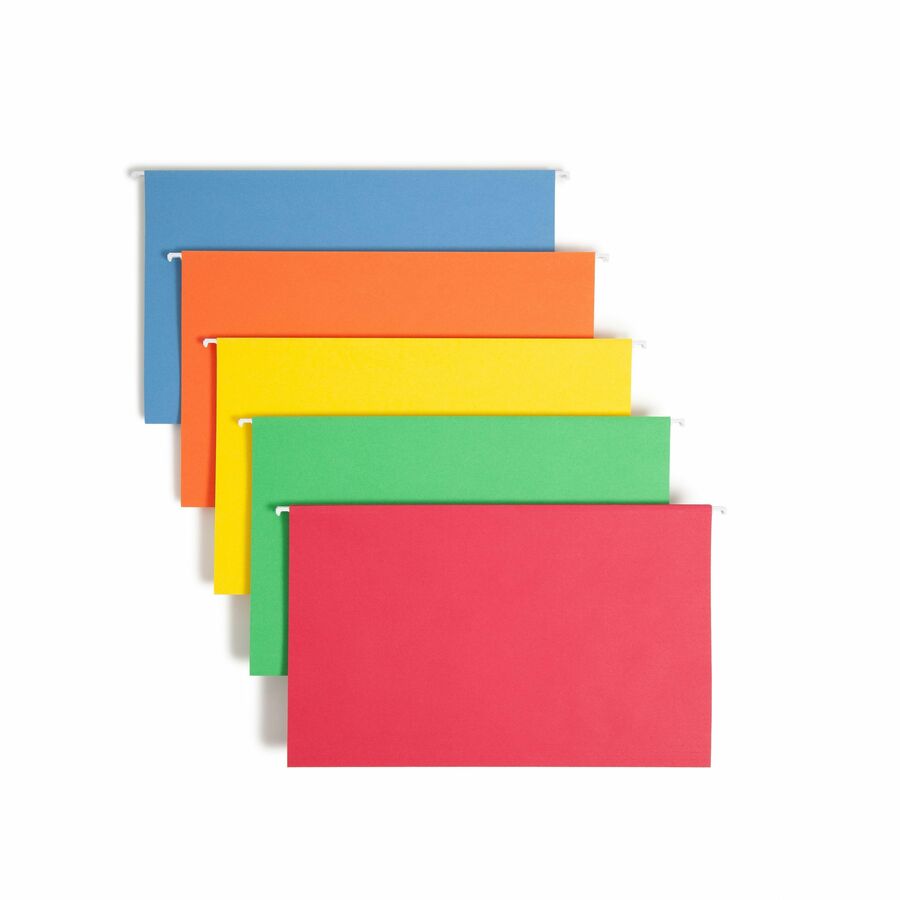 Smead 1/5 Tab Cut Legal Hanging Folder - 8 1/2" x 14" - Top Tab Location - Assorted Tab Position - 11 pt. - Vinyl - Blue, Green, Orange, Red, Yellow - 10% Recycled - 25 / Box