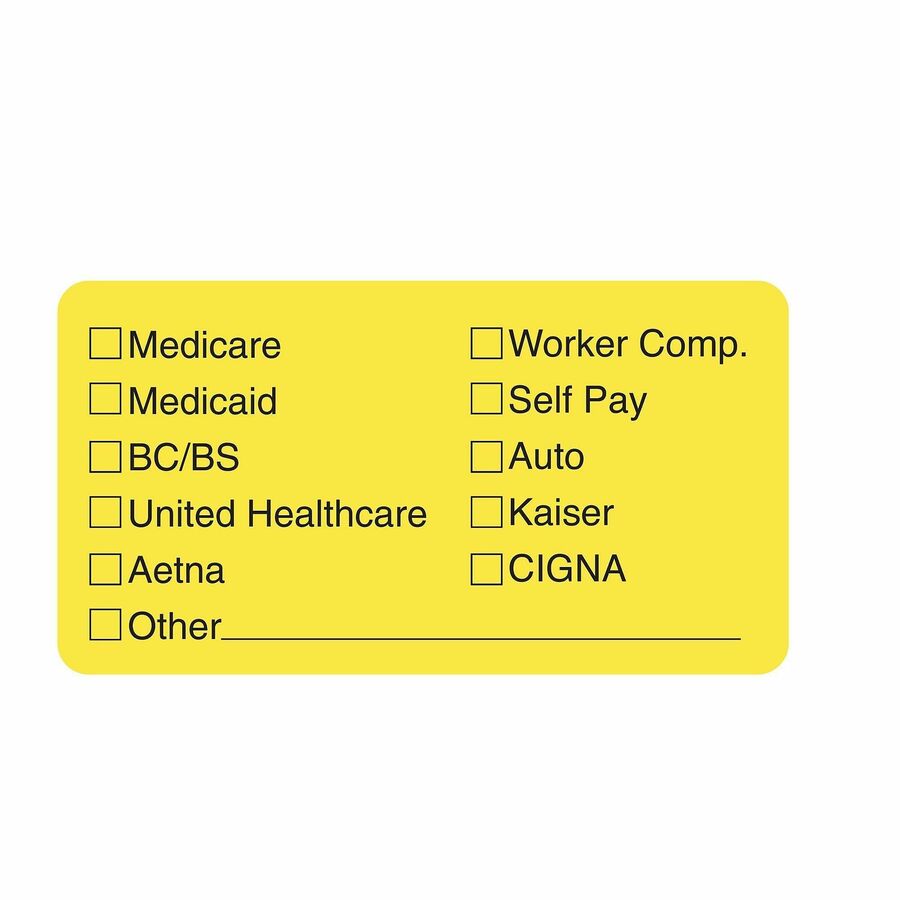 Tabbies Medical Office Insurance Check Labels - 1 3/4" Width x 3 1/4" Length - Yellow - 250 / Roll