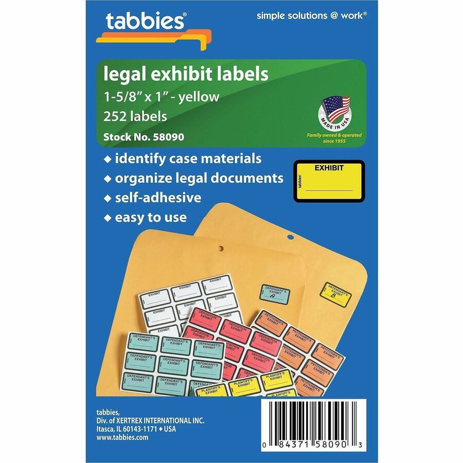 Tabbies Color-coded Legal Exhibit Labels - 1 5/8" Width x 1" Length - Yellow - 252 / Pack