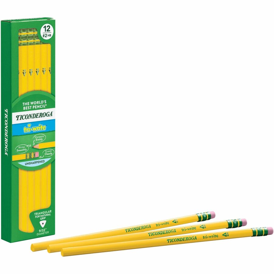 Ticonderoga Tri-Write Wooden Pencils - Black Lead - 2HB - Yellow Barrel - 1 Dozen