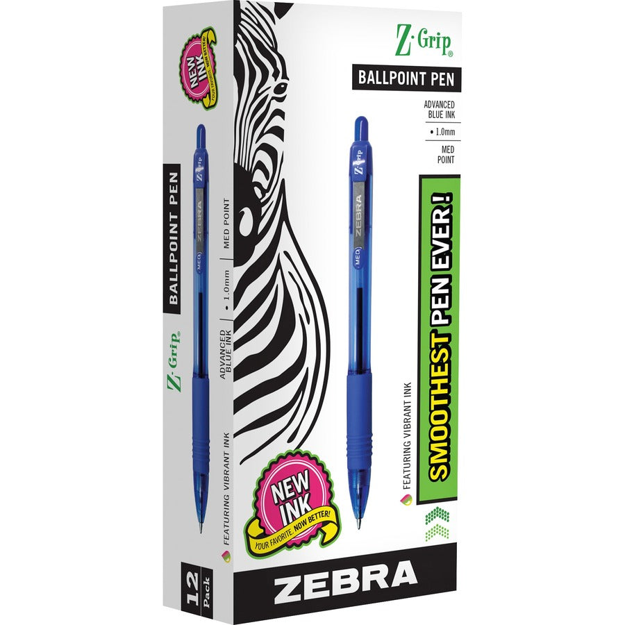 Zebra Z-Grip Retractable Ballpoint Pens - Retractable - Blue Ink - Clear, Blue Barrel - Nickel Tip - 1 Dozen