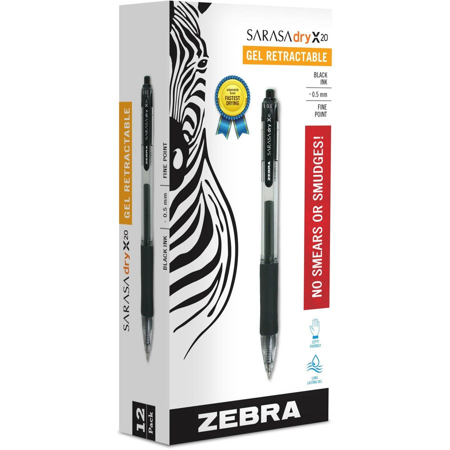 Zebra SARASA dry X20 Retractable Gel Pen - Retractable - Black Ink - Pigment-based - Translucent Barrel - 12 / Dozen