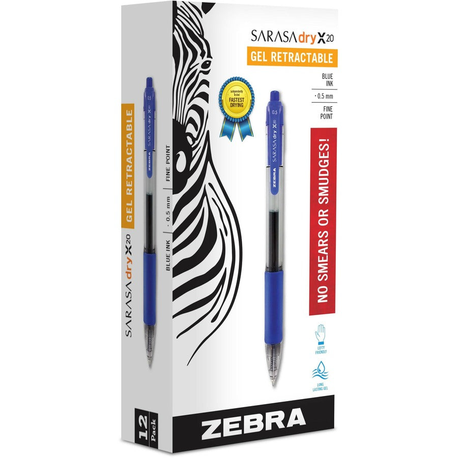 Zebra SARASA dry X20 Retractable Gel Pen - Refillable - Retractable - Blue Ink - Pigment-based - Translucent Barrel - 12 / Dozen