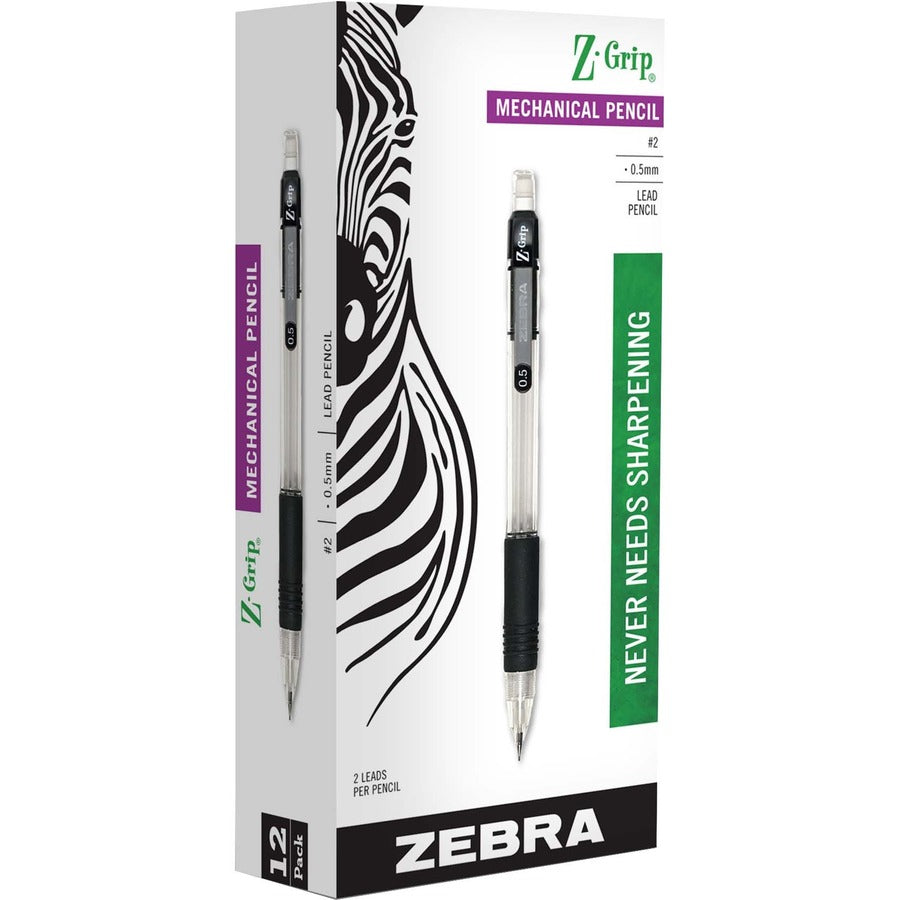Zebra Z-Grip Mechanical Pencil - 0.5 mm Black Lead - Refillable - Clear Barrel - 12 / Dozen