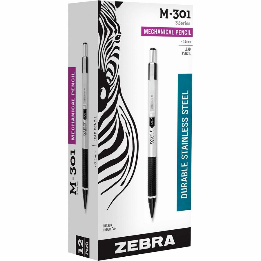 Zebra STEEL 3 Series M-301 Mechanical Pencil - 0.5 mm Lead - Refillable - Black Stainless Steel Barrel - 12 / Dozen