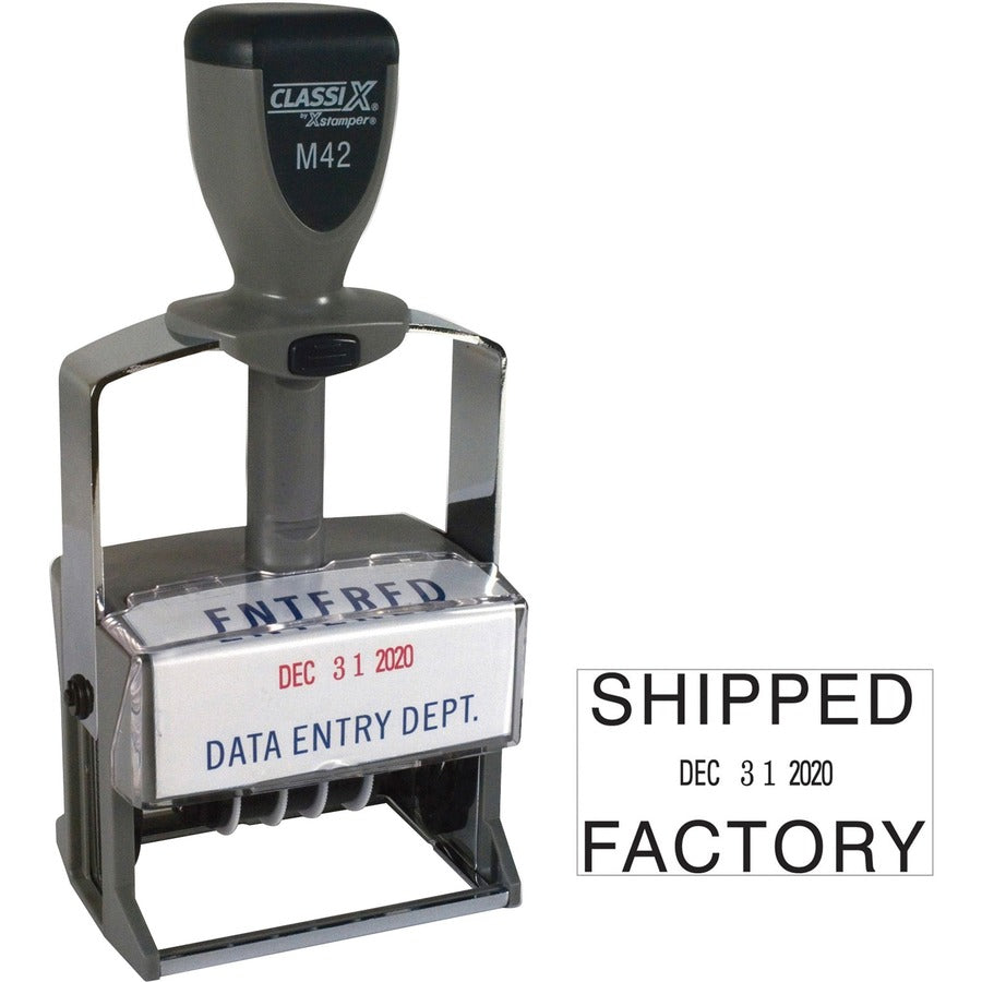 Xstamper ClassiX Self-inking Date Stamp - Custom Message/Date Stamp - 1.37" Impression Width x 2.25" Impression Length - Red, Blue - 1 Each