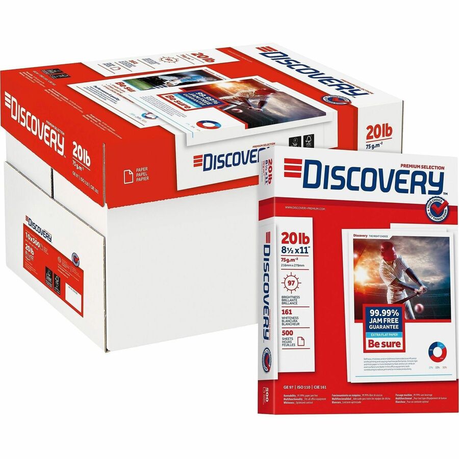 Discovery Premium Multipurpose Paper - Anti-Jam - White - 97 Brightness - Letter - 8 1/2" x 11" - 20 lb Basis Weight - Excellent Ink Absorption, Anti-jam - White - 500 Sheets per Ream - 10 / Carton