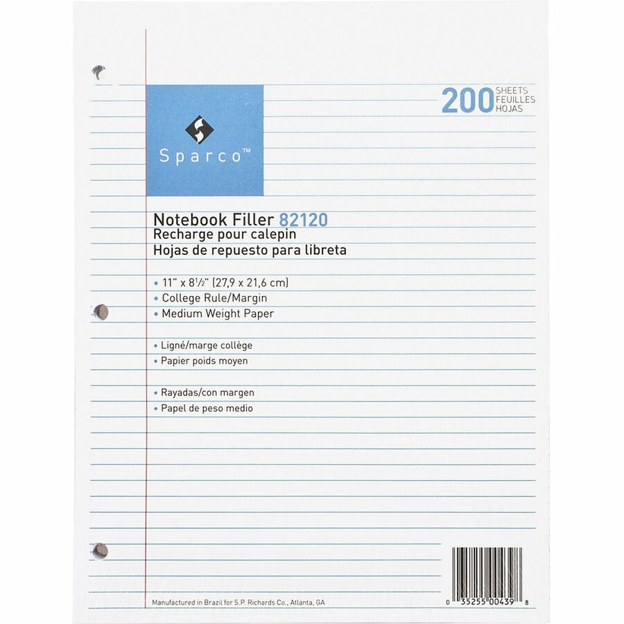 Sparco Notebook Filler Paper - Letter - 200 Sheets - Ruled Red Margin - 16 lb Basis Weight - Letter - 8 1/2" x 11" Sheet Size - White Paper - Subject - 200 / Pack