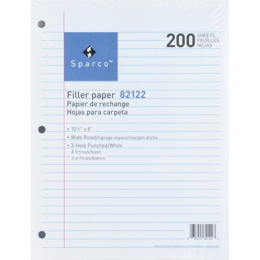 Sparco 3-hole Punched Filler Paper - 200 Sheets - Wide Ruled Front Ruling - Ruled Red Margin - 16 lb Basis Weight - 8" x 10 1/2" Sheet Size - White Paper - Bleed-free - 200 / Pack