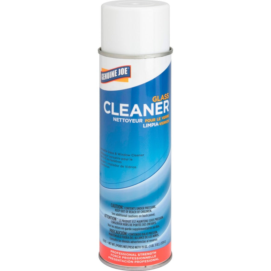 Genuine Joe Glass Cleaner Aerosol - For Mirror, Glass, Window, Tile, Plexiglas, Plastic Surface, Chrome - Ready-To-Use - 19 oz (1.19 lb) - Recommended For: Grease Remover, Soil Remover - Non-streaking, Non Ammoniated - White - 1 Each