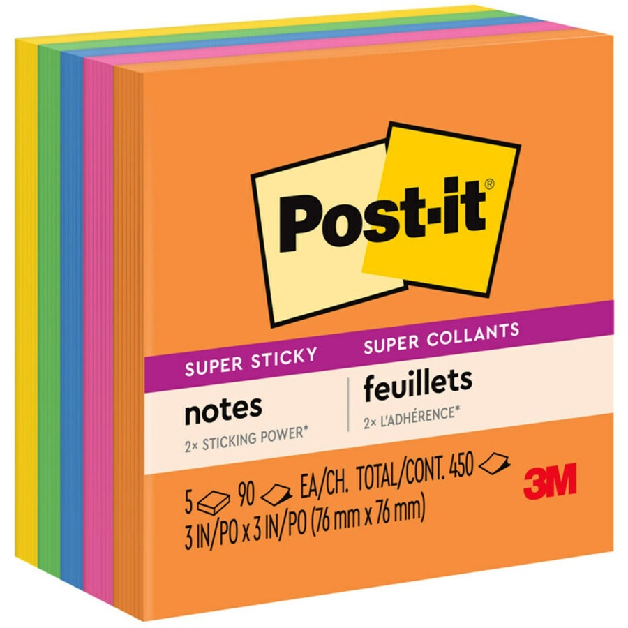 Post-it&reg, Super Sticky Notes - Energy Boost Color Collection - 450 - 3" Flag/Note Width x 3" Flag/Note Length - Square - 90 Sheets per Pad - Unruled - Vital Orange, Tropical Pink, Sunnyside, Blue Paradise, Limeade - Paper - Self-adhesive - 5 / Pack
