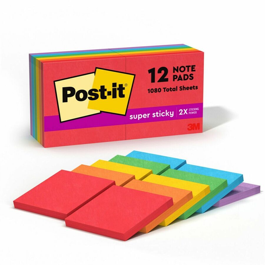 Post-it&reg, Super Sticky Notes - Playful Primaries Color Collection - 1080 - 3" Flag/Note Width x 3" Flag/Note Length - Square - 90 Sheets per Pad - Unruled - Candy Apple Red, Vital Orange, Sunnyside, Lucky Green, Blue Paradise, Iris Infusion - Paper...