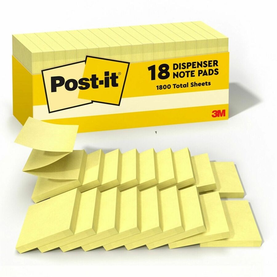 Post-it&reg, Dispenser Notes - 1620 - 3" Flag/Note Width x 3" Flag/Note Length - Square - 90 Sheets per Pad - Unruled - Canary Yellow - Paper - Self-adhesive, Removable - 18 / Pack