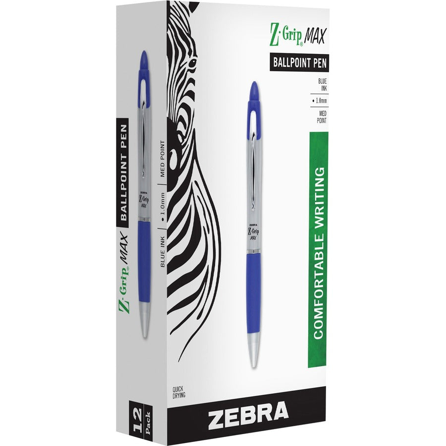 Zebra Z-grip Max Retractable Ballpoint Pens - Retractable - Blue Ink - Gray Barrel - 12 / Dozen