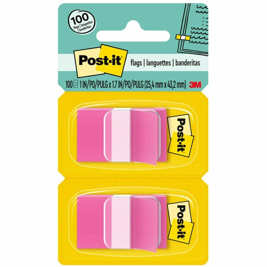 Post-it&reg, Flags - 100 x Bright Pink - 1" Flag/Note Width x 1 3/4" Flag/Note Length - Rectangle - Unruled - Pink - Removable, Self-adhesive - Dispenser Included - 100 / Pack