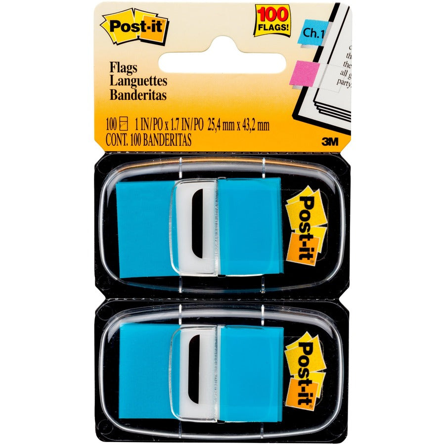 Post-it&reg, Flags - 100 x Bright Blue - 1" Flag/Note Width x 1 3/4" Flag/Note Length - Rectangle - Blue - Removable, Self-adhesive - Dispenser Included - 100 / Pack