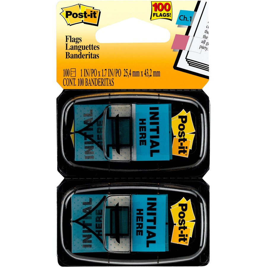 Post-it&reg, Message Flags - 100 - 1" Flag/Note Width x 1 3/4" Flag/Note Length - Arrow, Rectangle - Unruled - Initial Here - Blue - Removable, Self-adhesive - Dispenser Included - 100 / Pack