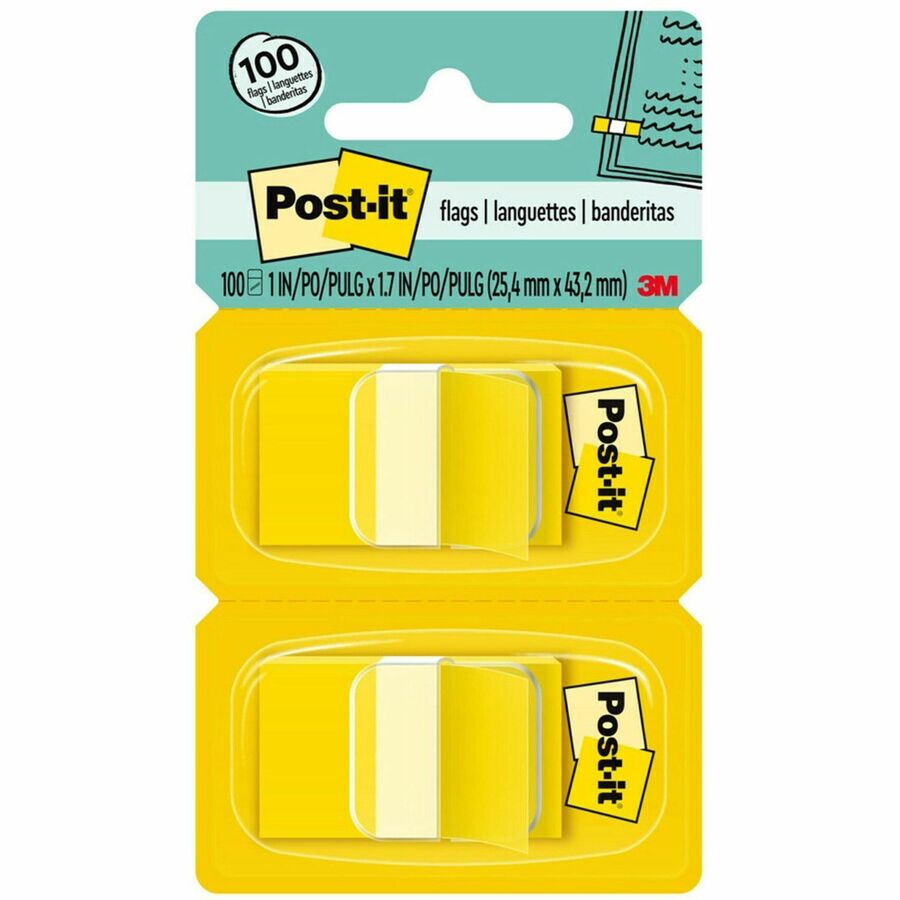Post-it&reg, Flags - 100 x Yellow - 1" Flag/Note Width x 1 3/4" Flag/Note Length - Rectangle - Unruled - Yellow - Removable, Self-adhesive - Dispenser Included - 100 / Pack