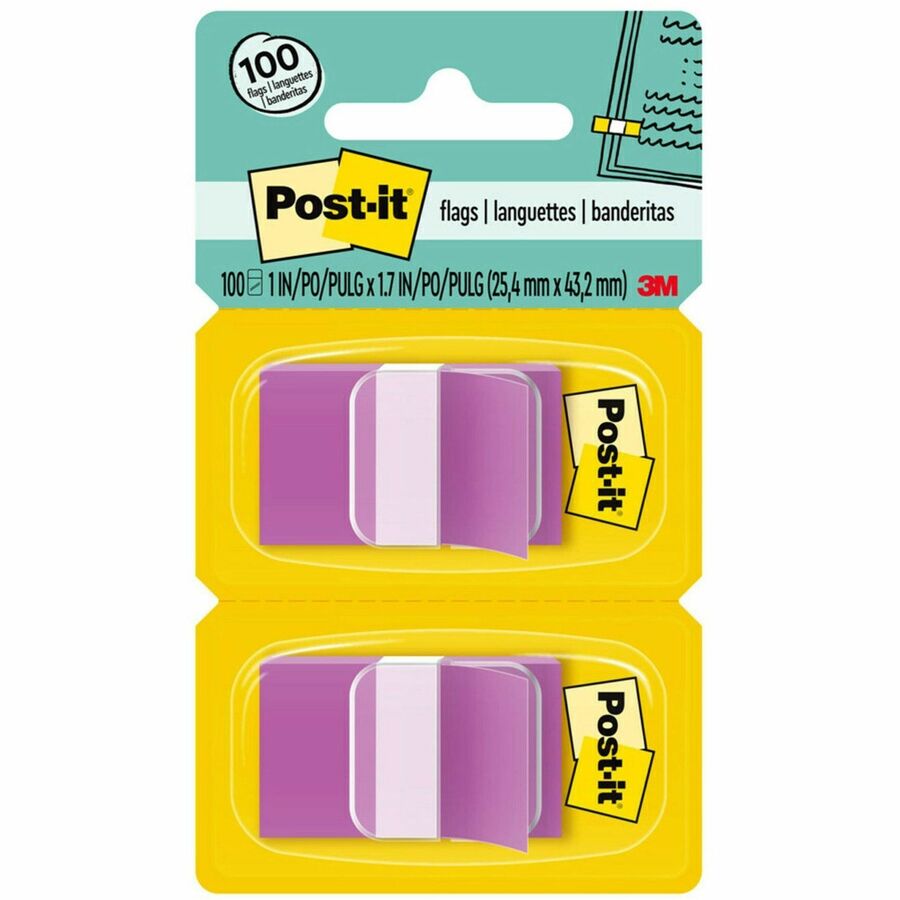 Post-it&reg, Flags - 100 - 1" Flag/Note Width x 1 3/4" Flag/Note Length - Rectangle - Unruled - Purple - Removable, Self-adhesive - Dispenser Included - 100 / Pack