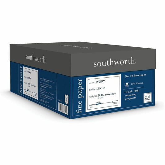 Southworth 25% Cotton No. 10 Business Envelopes - Business - #10 - 4 1/8" Width x 9 1/2" Length - 24 lb - Ivory - Linen, Cotton Fiber - 250 / Box