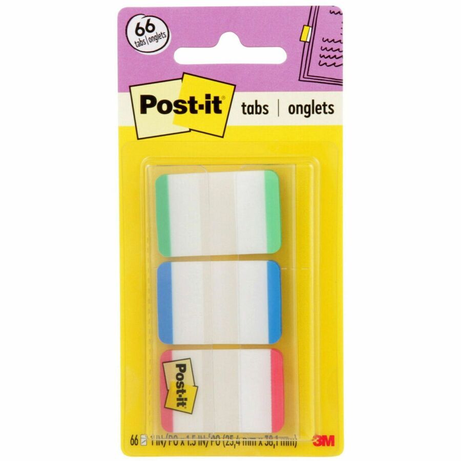 Post-it&reg, Durable Tabs - 1.50" Tab Height x 1" Tab Width - Green, Red, Blue Tab(s) - Repositionable - 66 / Pack