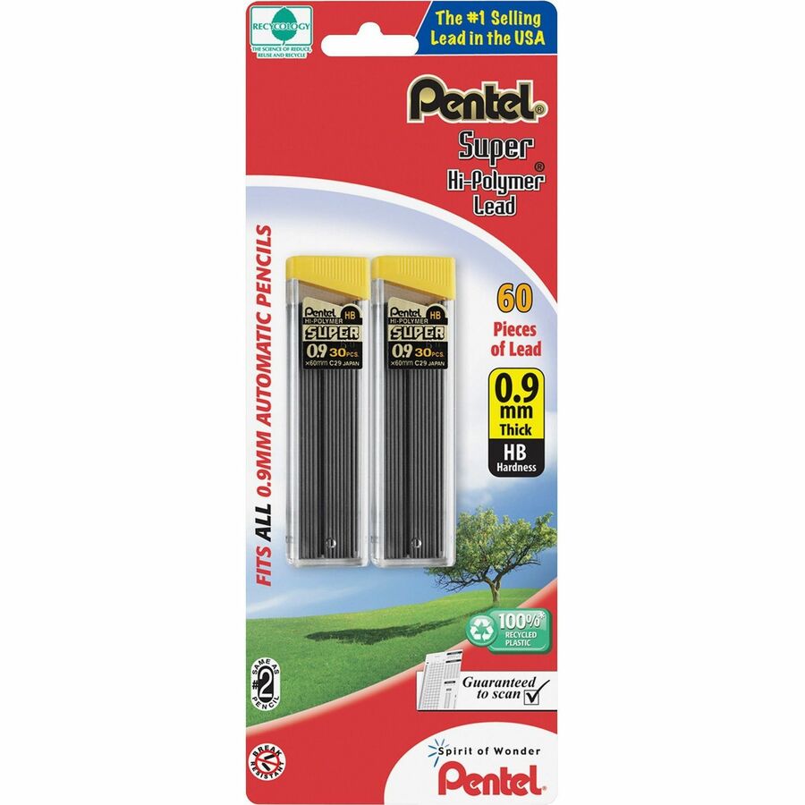 Pentel Super Hi-Polymer 0.9mm Lead Refill - 0.9 mm , Bold Point - HB - Black Lead - 30/Tube - 1 Pack