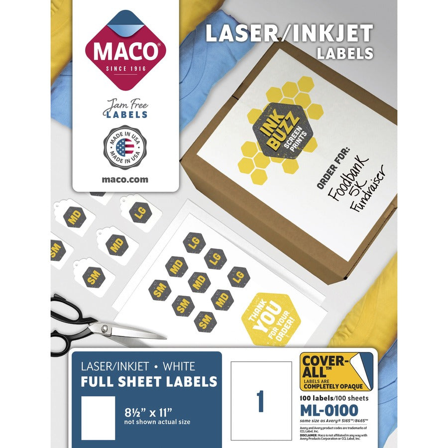 Maco White Full-sheet Shipping Labels - 8 1/2" Width x 11" Length - Rectangle - Laser, Inkjet - White - 100 / Box