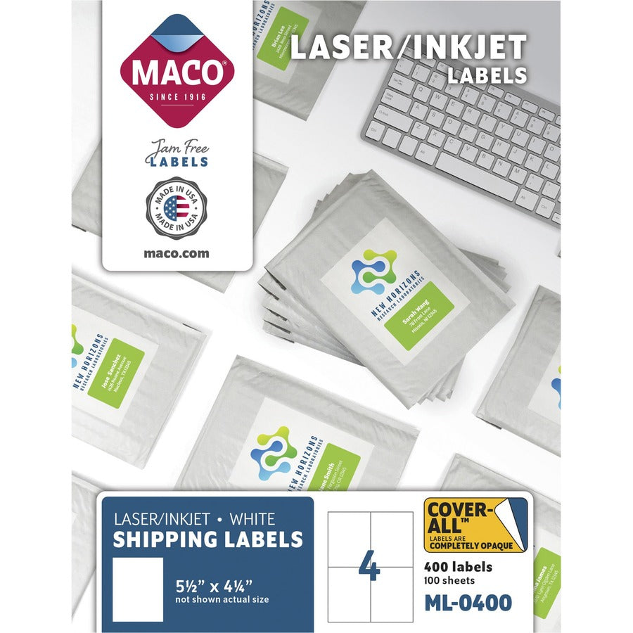 Maco White Shipping Labels - 5 1/2" Width x 4 1/4" Length - Rectangle - Laser, Inkjet - White - 4 / Sheet - 400 / Box