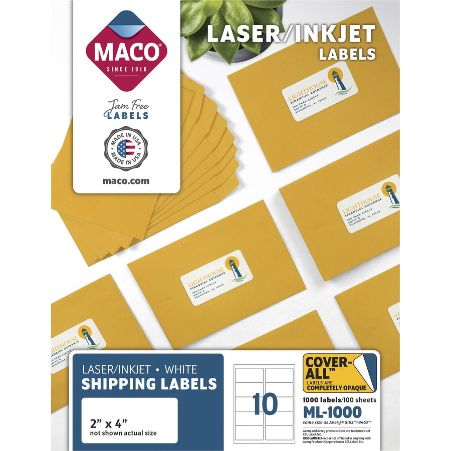 Maco Laser Printer White Shipping Labels - 2" Width x 4" Length - Rectangle - Laser, Inkjet - White - 10 / Sheet - 1000 / Box