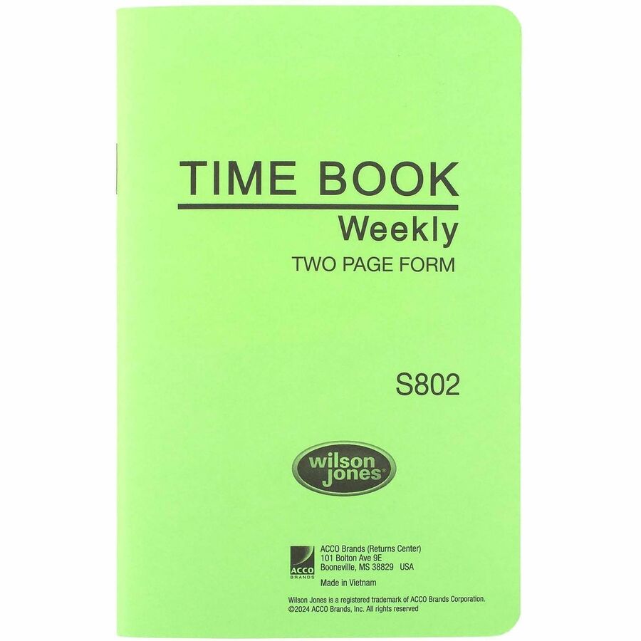 Wilson Jones Foreman's Time Book - Cloth Bound - 4.13" x 6.75" Sheet Size - White Sheet(s) - Green Cover - 1 Each