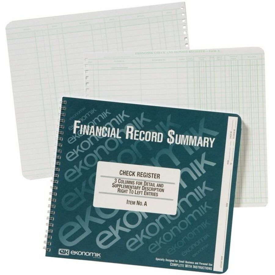 Ekonomik Check / Deposit Register - 40 Sheet(s) - Wire Bound - 10" x 8.75" Sheet Size - White Sheet(s) - Green Print Color - 1 Each