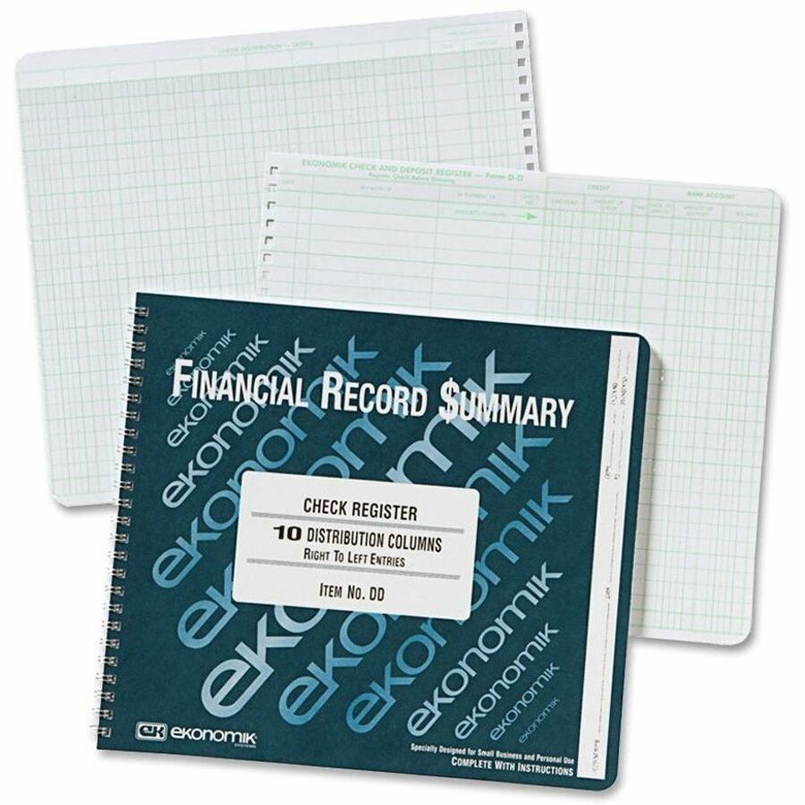 Ekonomik Check Register Forms - 40 Sheet(s) - Wire Bound - 10" x 8.75" Sheet Size - 10 Columns per Sheet - White Sheet(s) - Green Print Color - 1 Each