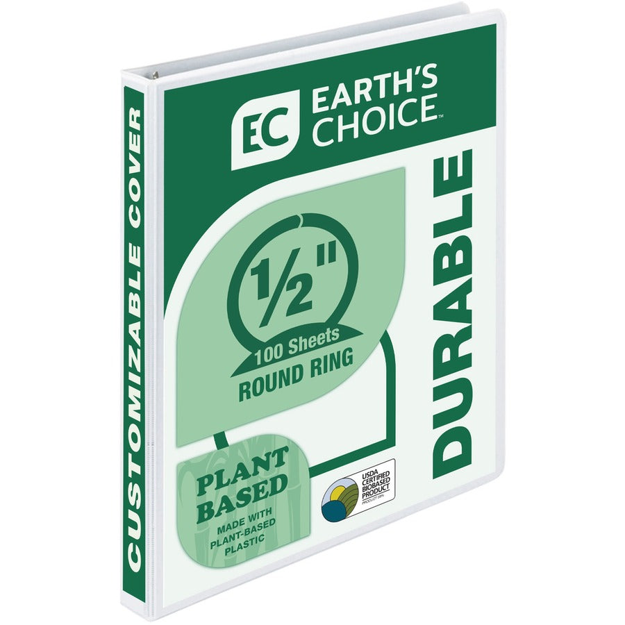 Samsill Earth's Choice Plant-based Durable View Binder - 1/2" Binder Capacity - Letter - 8 1/2" x 11" Sheet Size - 100 Sheet Capacity - 3 Ring - Fastener: Round Ring - Pocket: 2, Internal - Plastic, Chipboard - White - 8 oz - Recycled - Bio-based, Acid...