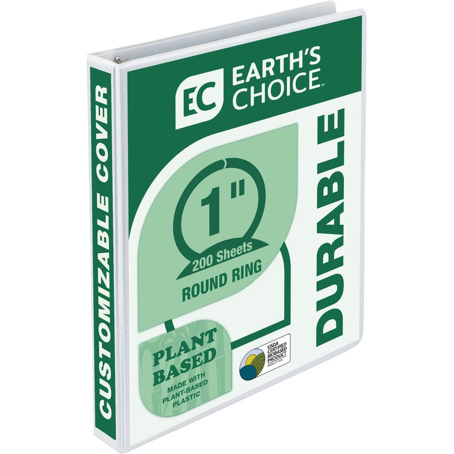 Samsill Earth's Choice Plant-based Durable View Binder - 1" Binder Capacity - Letter - 8 1/2" x 11" Sheet Size - 200 Sheet Capacity - 3 Ring - Fastener: Round Ring - Pocket: 2, Internal - Plastic, Chipboard - White - 1.17 lb - Recycled - Customizable S...