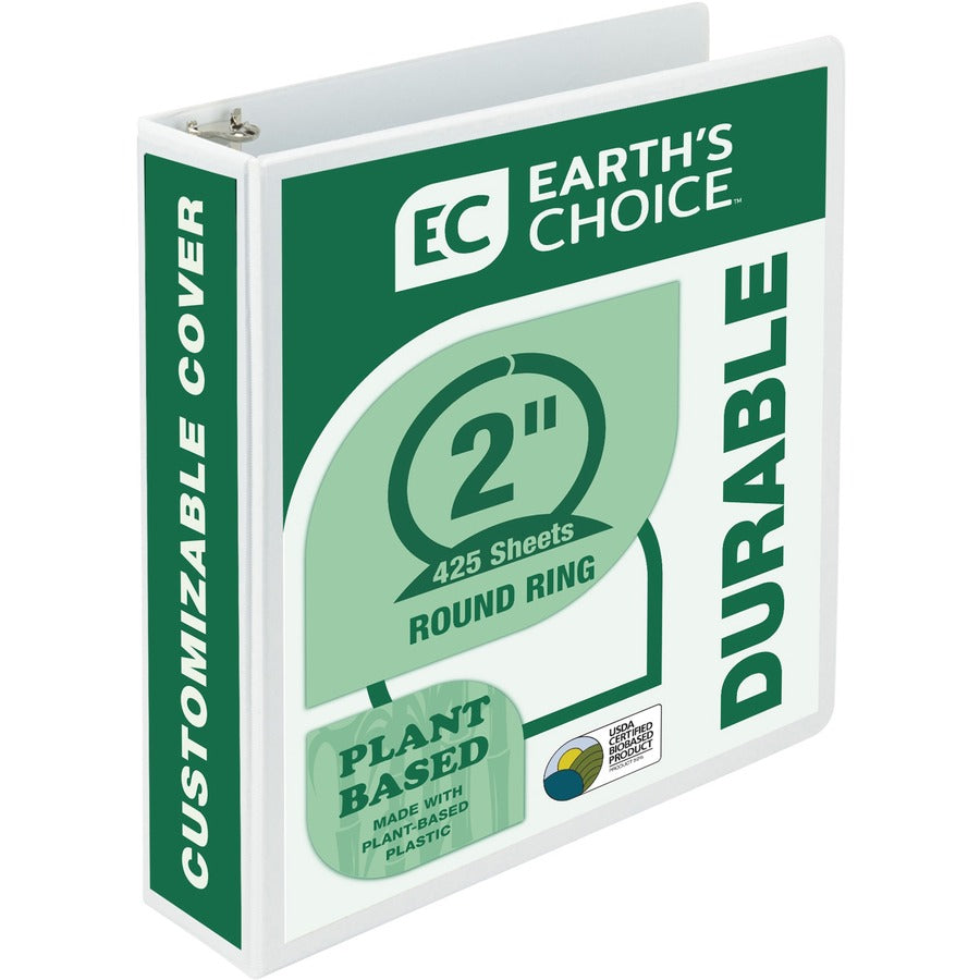 Samsill Earth's Choice Plant-based Durable View Binder - 2" Binder Capacity - Letter - 8 1/2" x 11" Sheet Size - 425 Sheet Capacity - 3 Ring - Fastener: Round Ring - Pocket: 2, Internal - Plastic, Chipboard - White - 1 lb - Recycled - Customizable Spin...