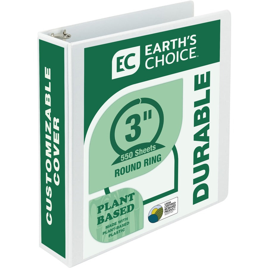 Samsill Earth's Choice Plant-based Durable View Binder - 3" Binder Capacity - Letter - 8 1/2" x 11" Sheet Size - 550 Sheet Capacity - 3 Ring - Fastener: Round Ring - Pocket: 2, Internal - Chipboard, Plastic - White - 1.33 lb - Recycled - PVC-free, Acid...