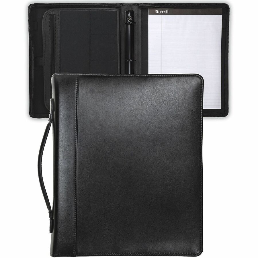 Samsill Regal Letter Pad Folio with Fastener - 1" Folder Capacity - 8 1/2" x 11" - 1" for Folder - Internal Pocket - Leather, Metal - Black - Zipper Closure, Handle, Tablet Pocket, Document Pocket, Spine, Padded Handle, Padded Spine - 0% Recycled - 1 Each