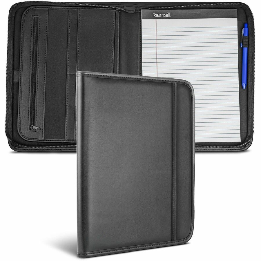 Samsill Letter Pad Folio - 8 1/2" x 11" - 6 Exterior, Internal Pocket - Vinyl, Polyvinyl Chloride (PVC) - Black - Tablet Pocket, Zipper Closure, Wrap-around - 1 Each