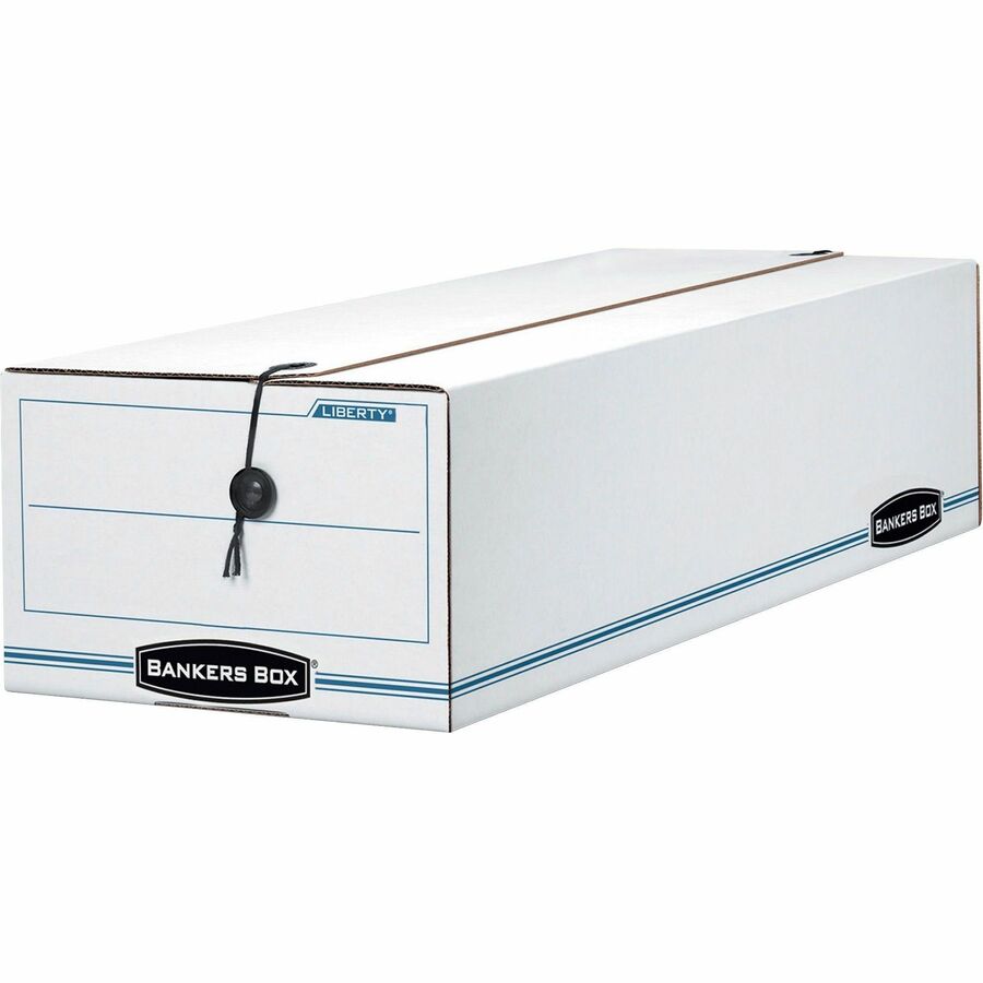 Bankers Box Liberty Check and Form Boxes - Internal Dimensions: 6" Width x 23.25" Depth x 4.25" Height - External Dimensions: 6.3" Width x 24" Depth x 4.5" Height - String/Button Tie Closure - Light Duty - Stackable - Fiberboard - White, Blue - For Car...