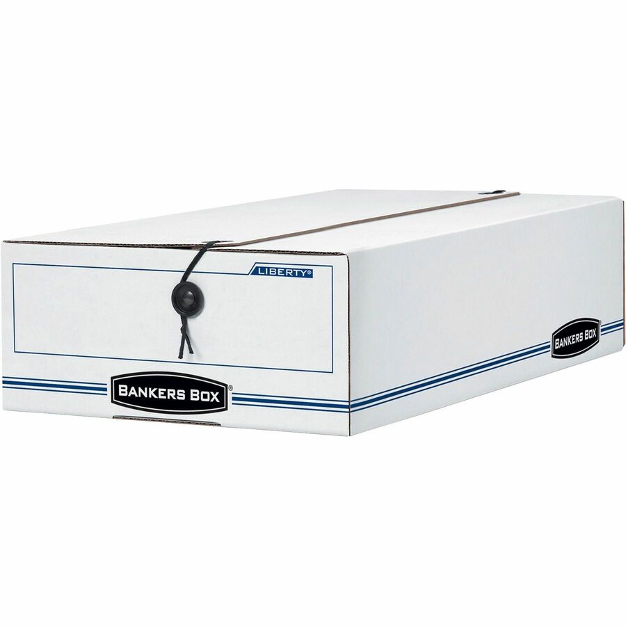 Bankers Box Liberty Check and Form Boxes - Internal Dimensions: 9" Width x 14.25" Depth x 4" Height - External Dimensions: 9.3" Width x 15" Depth x 4.3" Height - String/Button Tie Closure - Light Duty - Stackable - Fiberboard - White, Blue - For Check...