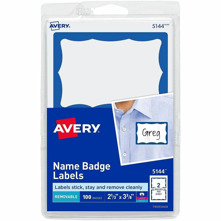 Avery&reg, Border Print or Write Name Tags - 2 21/64" Width x 3 3/8" Length - Removable Adhesive - Rectangle - Inkjet, Laser - Matte - White, Blue - Blue Border - Paper - 2 / Sheet - 50 Total Sheets - 100 Total Label(s) - 100 / Pack