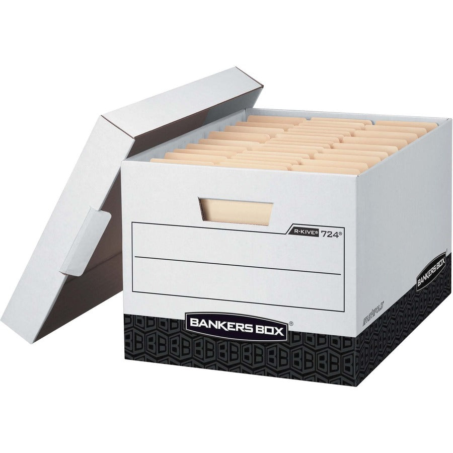 Bankers Box R-Kive File Storage Box - Internal Dimensions: 12" Width x 15" Depth x 10" Height - External Dimensions: 12.8" Width x 16.5" Depth x 10.4" Height - Media Size Supported: Letter, Legal - Lift-off Closure - Heavy Duty - Stackable - White, Bla...
