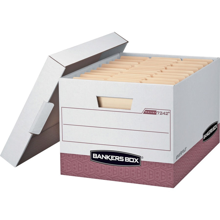 Bankers Box R-Kive File Storage Box - Internal Dimensions: 12" Width x 15" Depth x 10" Height - External Dimensions: 12.8" Width x 16.5" Depth x 10.4" Height - Media Size Supported: Letter, Legal - Lift-off Closure - Heavy Duty - Stackable - White, Red...