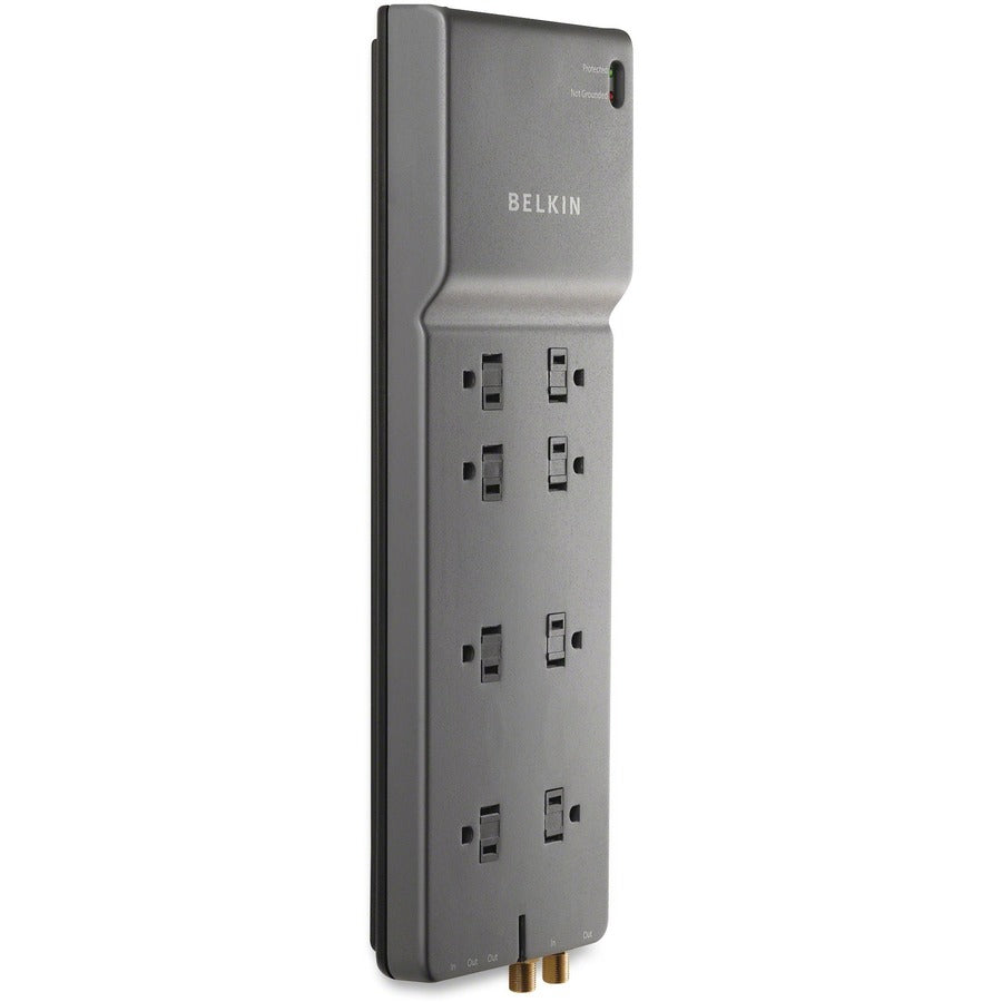 Belkin 8-Outlet Home/Office Surge Protector w/Telephone Line + Extended Cord - Black - Right Angle - 8 x AC Power - 1875 VA - 3390 J - 125 V AC Input - Cable Modem/DSL/Fax/Phone, Coaxial Cable Line - 12 ft